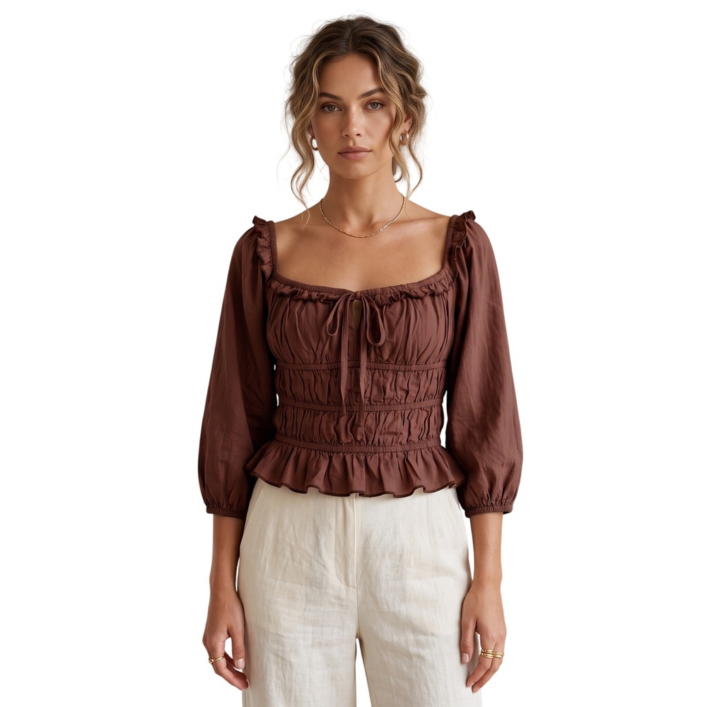 PRINCESS POLLY Smocked Crop Blouse Chocolate Brown Peasant Top Boho Milkmaid